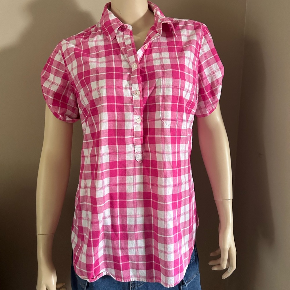 Lee Women's Pink and White Plaid Button-Down Shirt